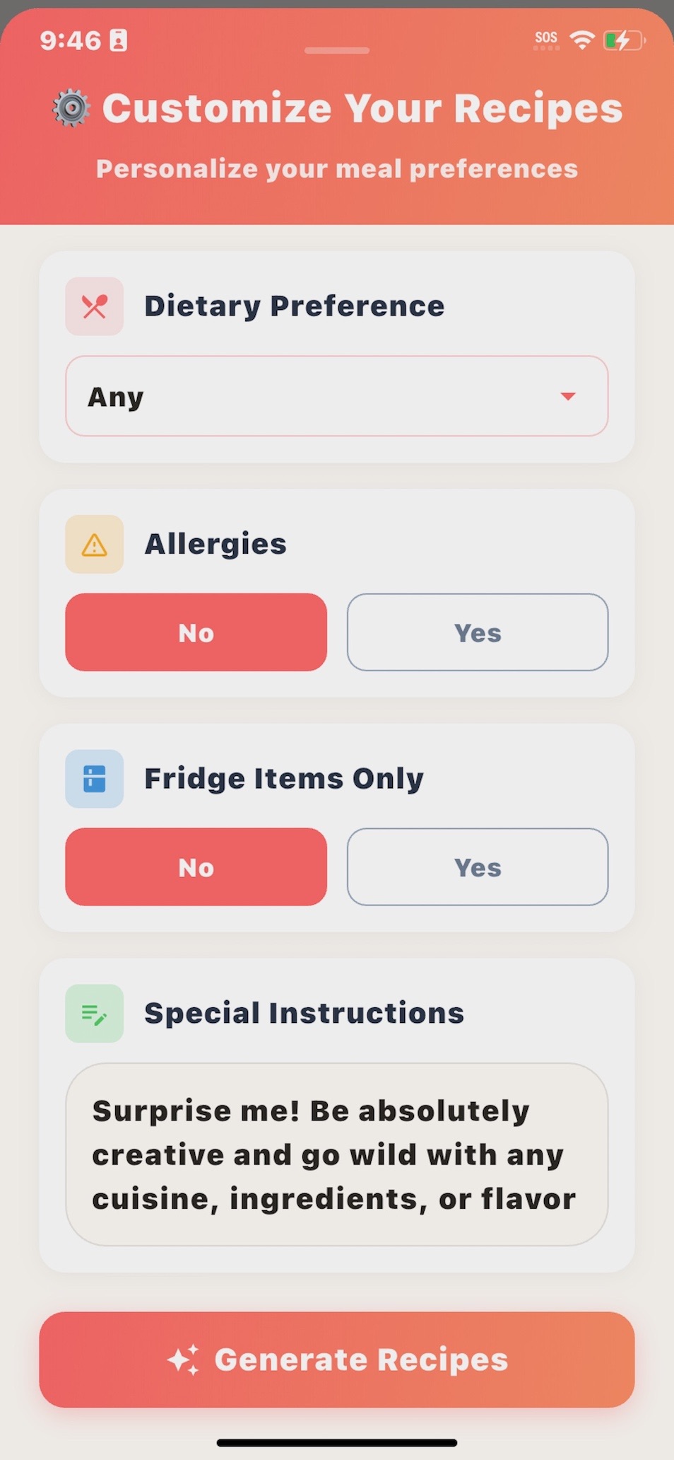 Set your diet and preferences.